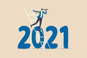 businessman leader using a telescope to see on top of ladder above year 2021 number vector