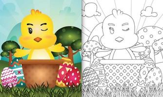 Libro para colorear para niños con temática feliz día de pascua con ilustración de personaje de un lindo pollito en el cubo de huevo vector