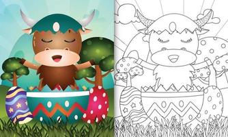 Libro para colorear para niños con temática feliz día de pascua con ilustración de personaje de un lindo búfalo en el huevo vector