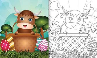 coloring book for kids themed happy easter day with character illustration of a cute buffalo in the bucket egg vector