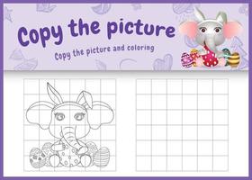 copy the picture kids game and coloring page themed easter with a cute elephant using bunny ears headbands hugging eggs vector