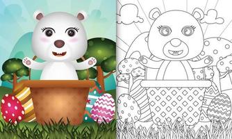 Libro para colorear para niños con temática feliz día de pascua con ilustración de personaje de un lindo oso polar en el cubo de huevo vector