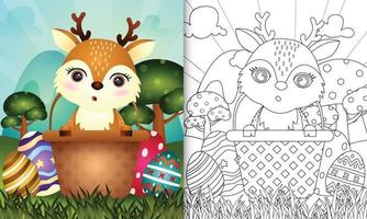 coloring book for kids themed happy easter day with character illustration of a cute deer in the bucket egg vector