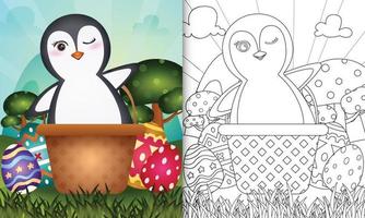 Libro para colorear para niños con temática feliz día de pascua con ilustración de personaje de un lindo pingüino en el cubo de huevo vector