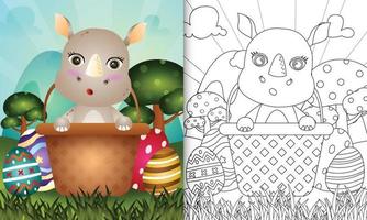 coloring book for kids themed happy easter day with character illustration of a cute rhino in the bucket egg vector