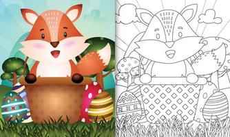 Libro para colorear para niños con temática feliz día de pascua con ilustración de personaje de un lindo zorro en el huevo de cubo vector