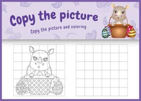 Copie la imagen del juego para niños y la página para colorear de Pascua con un lindo rinoceronte en un huevo de cubo vector