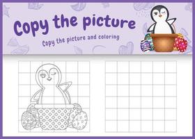 copy the picture kids game and coloring page themed easter with a cute penguin in bucket egg vector