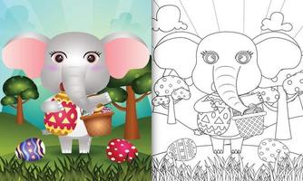 Libro para colorear para niños con temática feliz día de pascua con ilustración de personaje de un lindo elefante sosteniendo el huevo de cubo y el huevo de pascua vector