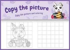 copy the picture kids game and coloring page themed easter with a cute panda using bunny ears headbands hugging eggs vector