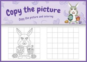 copy the picture kids game and coloring page themed easter with a cute rabbit holding the bucket egg and easter egg vector