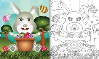 Libro para colorear para niños con temática feliz día de pascua con ilustración de personaje de un lindo conejo en el huevo de cubo vector