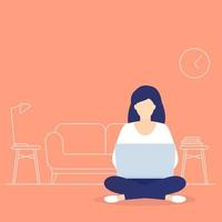 girl with laptop sitting in lotus pose and working, vector