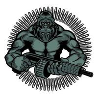 Vector illustration of wild monkey with machine gun in a retro style. Colored angry gorilla holding guns with isolated on white background. Wild animals concept in cartoon style. T-shirt design