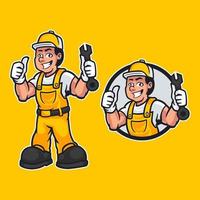 Hand-drawn vector illustration of happy carpenter handyman wearing work clothes and standing pose isolated on yellow background. Professional worker mascot in cartoon design. vector illustration