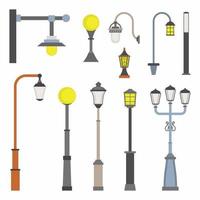 Street light object cartoon icons. Set of Lampposts and outdoor lighting. Vintage electricity urban lantern light, exterior old lamp design elements in modern flat style. Vector illustration