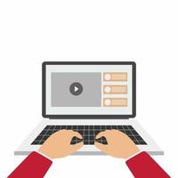 Laptop and hands on the keyboard. The concept of youtuber or programmer workflow for website coding and html programming of web application. Flat cartoon design style modern vector illustration