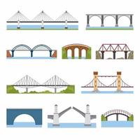 tipos de puentes establecidos. Arquitectura de puentes de ladrillo, hierro, madera y piedra que construyen elementos de puente en estilo plano. tema de la construcción de la ciudad. tipos de dibujos animados planos de puente. ilustración vectorial vector