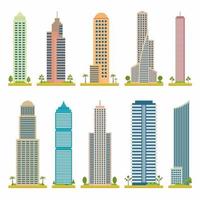 Modern flat vector tower buildings set. Urban towers in the city cartoon style. Icon background concept design. City skyscrapers building theme in cartoon design. Flat vector illustration