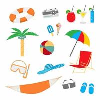 Collection of summer stuff isolated on white background. Flat summer holidays, beach vacation poster with summertime icons set. Pool party concept. Vector cartoon design illustration, trendy style.
