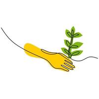 Continuous one line drawing of hands are planting a plants. Environment Earth Day isolated on white background. Back to nature theme. The concept of growing and love earth. Vector illustration