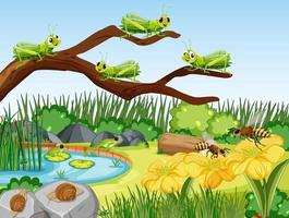 Garden scene with many grasshopper vector