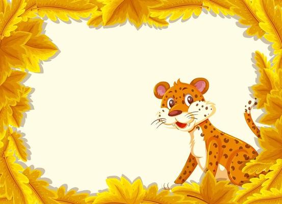 Yellow leaves banner template with leopard cartoon character