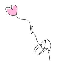 One single line drawing of young happy woman take a walk and holding a heart shaped balloon. Symbol of the feeling of being in love hand-drawn line art design minimalism style. Vector illustration