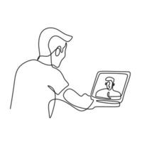 hombre trabajando o aprendiendo desde casa con videoconferencia en línea en una computadora portátil, diseño minimalista dibujado a mano de una línea continua. Zoom videollamada aislada sobre fondo blanco. ilustración vectorial vector