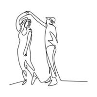 Continuous line drawing of happy couple dancing together. Young man and woman in romantic moment isolated on white background. The concept of love in love minimalist design. Vector illustration