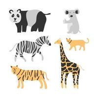 conjunto de animales lindos. adorable gato, tigre, panda, cebra, canguro y jirafa aislado sobre fondo blanco. Textura creativa de niños escandinavos para tela, envoltura, textil, papel tapiz, ropa vector