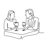 dibujo continuo de una línea de cena romántica feliz pareja joven con mesa y vino. pareja masculina y femenina haciendo cita y cena juntos. el concepto de amor, citas y restaurante. vector