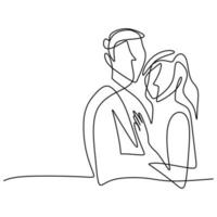 Continuous one line drawing of loving couple woman and man in romantic pose. Young male and female are in happiness moment isolated on white background. Vector illustration minimalism style