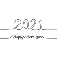 Continuous one line drawing of a 2021 with happy new year text handwritten lettering minimalist black line art sketch isolated on white background. Year of the bull. Greeting card or banner design vector