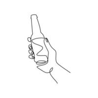 un dibujo de línea de la mano que sostiene la botella de champán aislada en el fondo blanco. una botella de vino para celebrar el diseño minimalista del concepto de letrero de estilo lineal del año nuevo 2021. ilustración vectorial vector