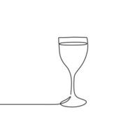 Continuous one line drawing of a glass of wine at the table linear sketch isolated on white background. A glass of champagne for celebration party. Minimalist design. Vector illustration