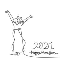 Continuous one line drawing of woman celebrate the 2021 New year. Happy young girl stand up and raise her hands to welcome the new year. New year, new hope. Year of the bull. Vector illustration