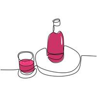 dibujo continuo de una línea de una botella de vino y un boceto lineal de vidrio aislado sobre fondo blanco. botella de champán con una copa para la fiesta de celebración. diseño minimalista. ilustración vectorial