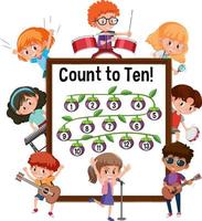 Count to ten number board with many kids cartoon character vector