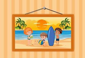 Kids on summer vacation scene photo in a frame hanging on the wall vector