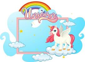 Banner vacío con lindo personaje de dibujos animados de unicornio sobre fondo blanco. vector