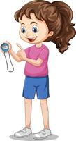 Happy girl standing and holding a timer vector