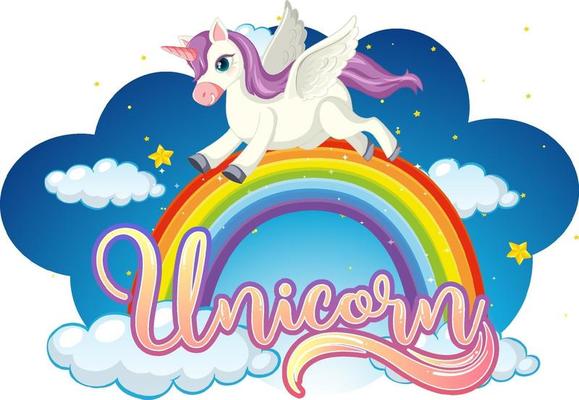 Cartoon character of unicorn standing on rainbow with unicorn font