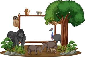 Banner vacío con animales salvajes y árboles de la selva sobre fondo blanco. vector