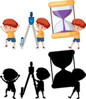 Set of a boy holding different math tools with silhouette vector