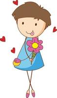 A girl cartoon character holding a flower in doodle style isolated vector