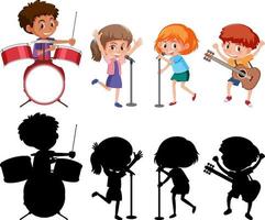 Set of different kids playing musical instruments with silhouette vector