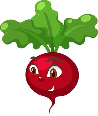 Radish cartoon character with happy face expression on white background