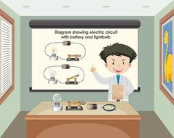 Scientist explaining electric circuit with battery and lightbulb vector