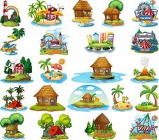 Conjunto de diferentes bangalows y tema de playa de la isla y parque de atracciones aislado sobre fondo blanco. vector